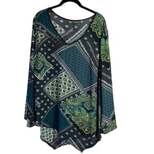 Chelsea & Theodore‎ 1X Patchwork Print V-Neck Long Sleeve Asymmetrical Tunic Top